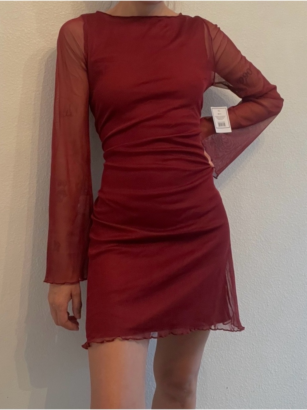 Burgundy Sheer Mesh Mini Dress w/ Bell Sleeves Size Small